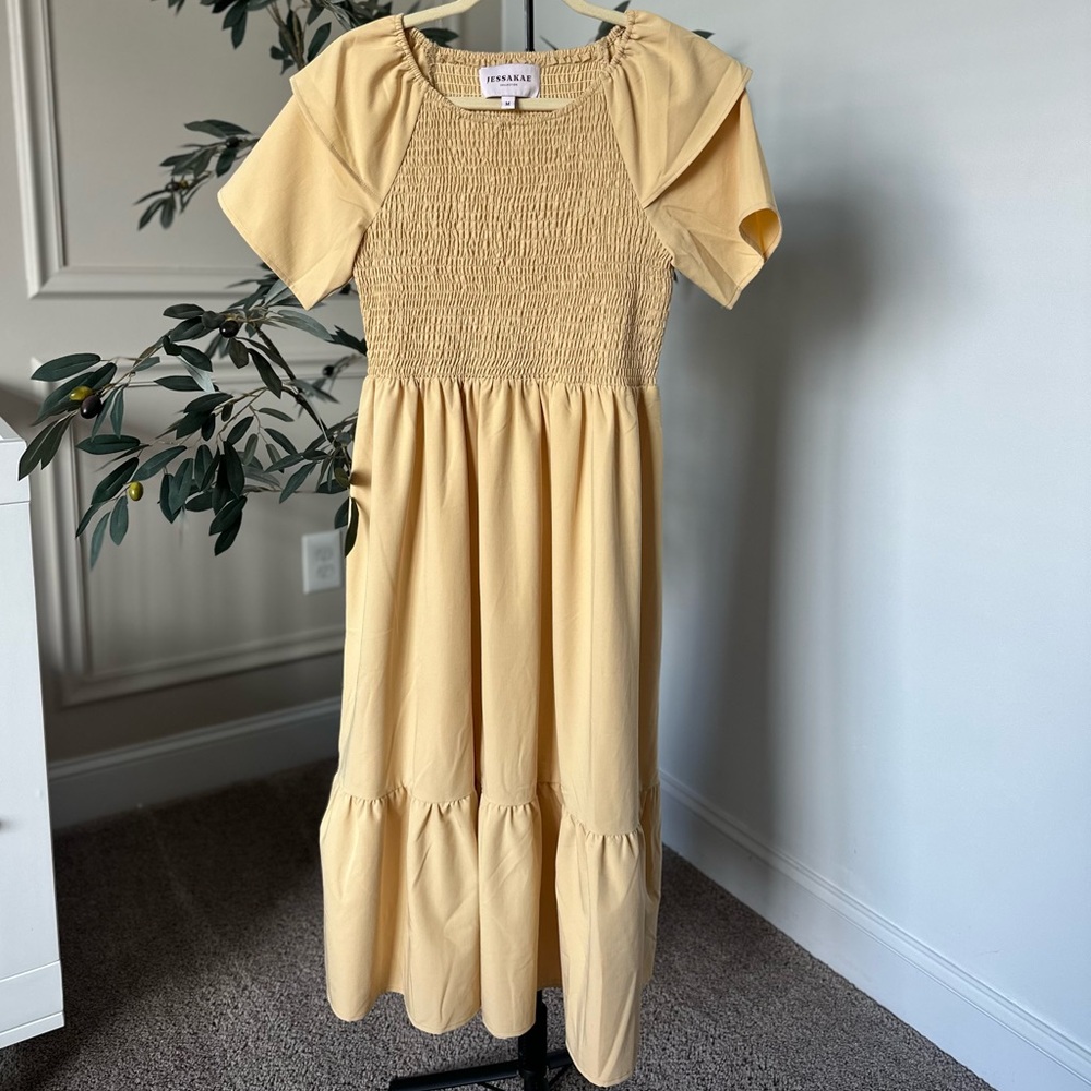 NWOT: JessaKae Butter Yellow Smocked Midi Dress